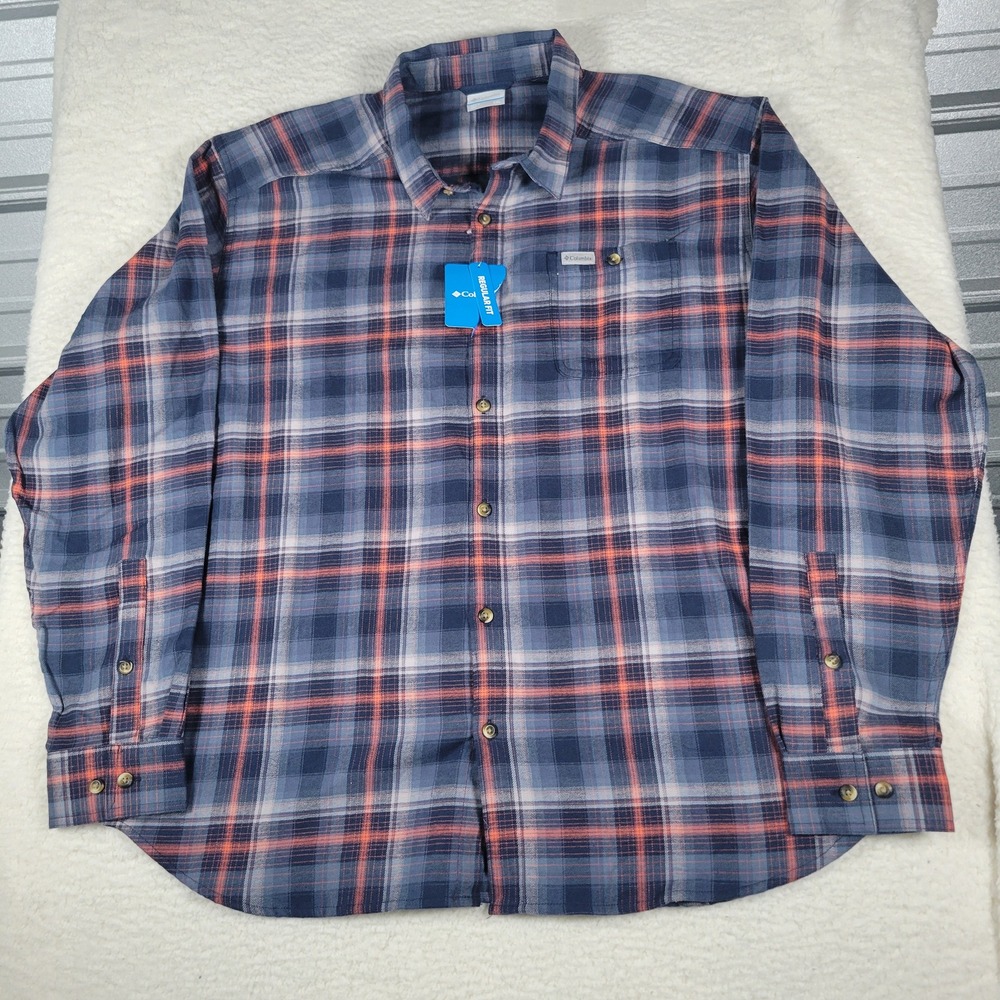 Columbia Cornell Woods Flannel Mens XXL Blue Orange Plaid Stretch Button Down